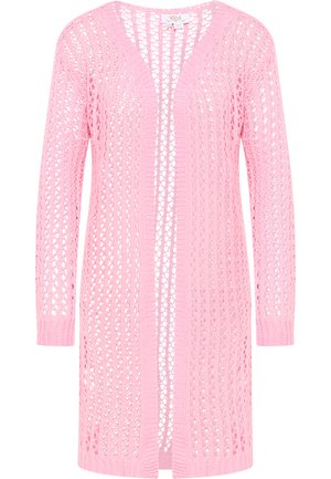 Cardigan tricotat de culoare roz deschis, cu un model de țesătură deschisă și lejeră, de tip V la gât, cu mâneci lungi. Prezentă un tiv drept și manșete cu model ceva mai strâns.