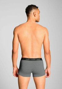 Men's gray boxer briefs with a black elastic waistband featuring the Puma logo, showcasing a fitted design and smooth texture.