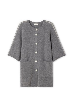 Hall triiksõlmpuuvillane kardigan, millel on viis valget nuppu, kaks esitaskut, küünarvarre pikkused varrukad ja õlgadel ning varrukatel heledad triibud.