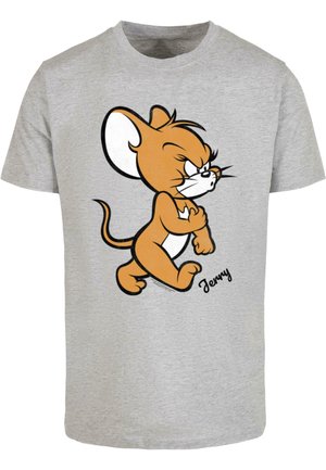 Graues Baumwoll-T-Shirt mit einem Karten-Maus-Design in Orange und Weiß, das einen schelmischen Ausdruck zeigt, in Schwarz gedruckt.