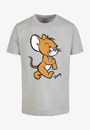 Graues Baumwoll-T-Shirt mit einem Karten-Maus-Design in Orange und Weiß, das einen schelmischen Ausdruck zeigt, in Schwarz gedruckt.