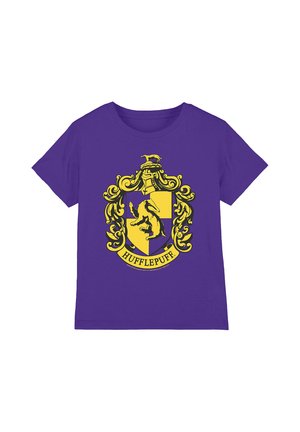 Purple short-sleeve t-shirt featuring a yellow and black Hufflepuff house crest with badger emblem and decorative scrollwork.