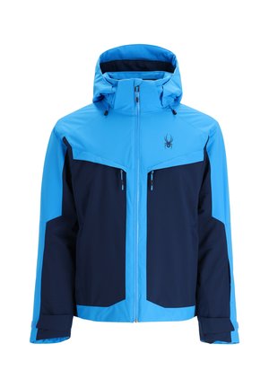 Blauwe en marineblauwe waterdichte jas met capuchon, voorzien van ritszakken, verstelbare manchetten en een logo op de borst.