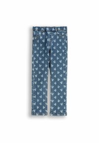 Dziecięje niebieskie dżinsy z wzorem w jasnoniebieskie głowy Myszki Mickey na całej powierzchni oraz kieszeniami z przodu, z elastycznym pasem.