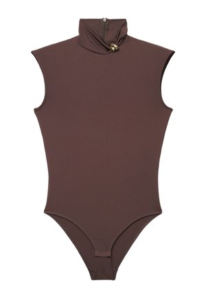 Ärmelloser brauner Body mit hohem Kragen und goldenem Knopfdetail, mit Reißverschluss am Rücken und Druckknopfverschluss im Schritt.