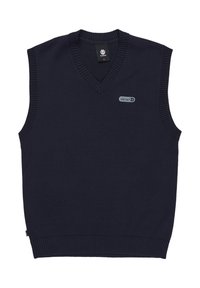 Navyblauw gebreid vest met een V-hals ontwerp, ribgebreide randen en een klein logo-opdruk aan de voorkant. Soepele textuur, mouwloos.