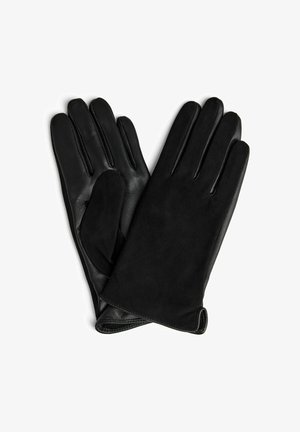 Mănuși din piele neagră, cu un finisaj neted și palmă din suede. Au cinci degete și un design ajustat. Fără hardware vizibil sau modele.