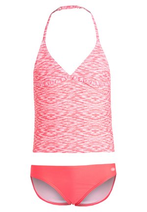 Pink and white patterned halter tankini top paired with solid coral bikini bottoms, isolated on white background.