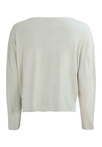 Hellgrauer, verkürzter Pullover mit lockerer Passform, langen Ärmeln und weichem Material. Er verfügt über einen weiten Ausschnitt und ein dezentes Strickmuster.