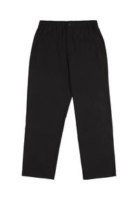 Zwarte, lichte broek met een elastische tailleband, zijzakken en een recht model. Soepele textuur met een minimalistische stijl.