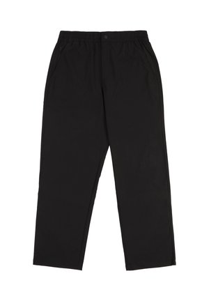 Zwarte, lichte broek met een elastische tailleband, zijzakken en een recht model. Soepele textuur met een minimalistische stijl.