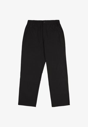 Schwarze, leichte Hosen mit einem elastischen Bund, Seitentaschen und geradem Schnitt. Glatte Textur mit minimalistischem Stil.