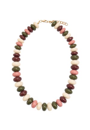 Naszyjnik z błyszczącymi, zaokrąglonymi koralikami w naprzemiennych kolorach: oliwkowym, kremowym, wrzosowym i bordowym, z zapięciem na złoty łańcuszek.