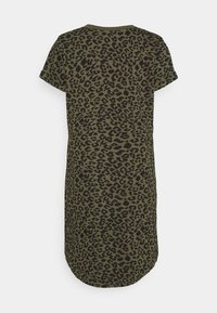 Cotton T-shirt dress in olive green featuring a black leopard print. Short sleeves, round neckline, and curved hem at the bottom.