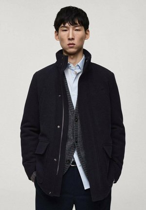 Zwarte wollen jas met een hoge kraag, voorrits en zakken. Gelaagd over een grijze cardigan en een lichtblauw shirt. Gladde textuur.