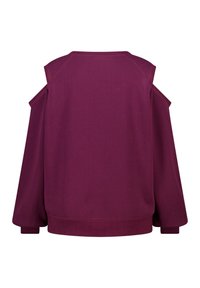 Sweatshirt bordeaux avec épaules dénudées, poignets et ourlet côtelés. Confectionné en tissu doux, offrant une coupe ample et une texture lisse.