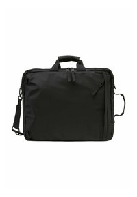 Zwarte laptoptas met een rechthoekige vorm, voorzien van gewatteerde handvatten, een afneembare schouderriem, twee ritscompartimenten en een gladde textuur.