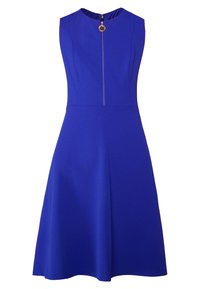 Ärmlös blå klänning med en åtsittande överdel och utsvängd kjol, med en dragkedja bak och guldfärgad detalj vid halsringningen.