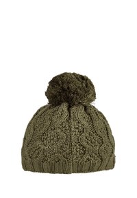 Olive green knitted winter hat with a pom-pom on top and a cable knit pattern throughout the fabric.