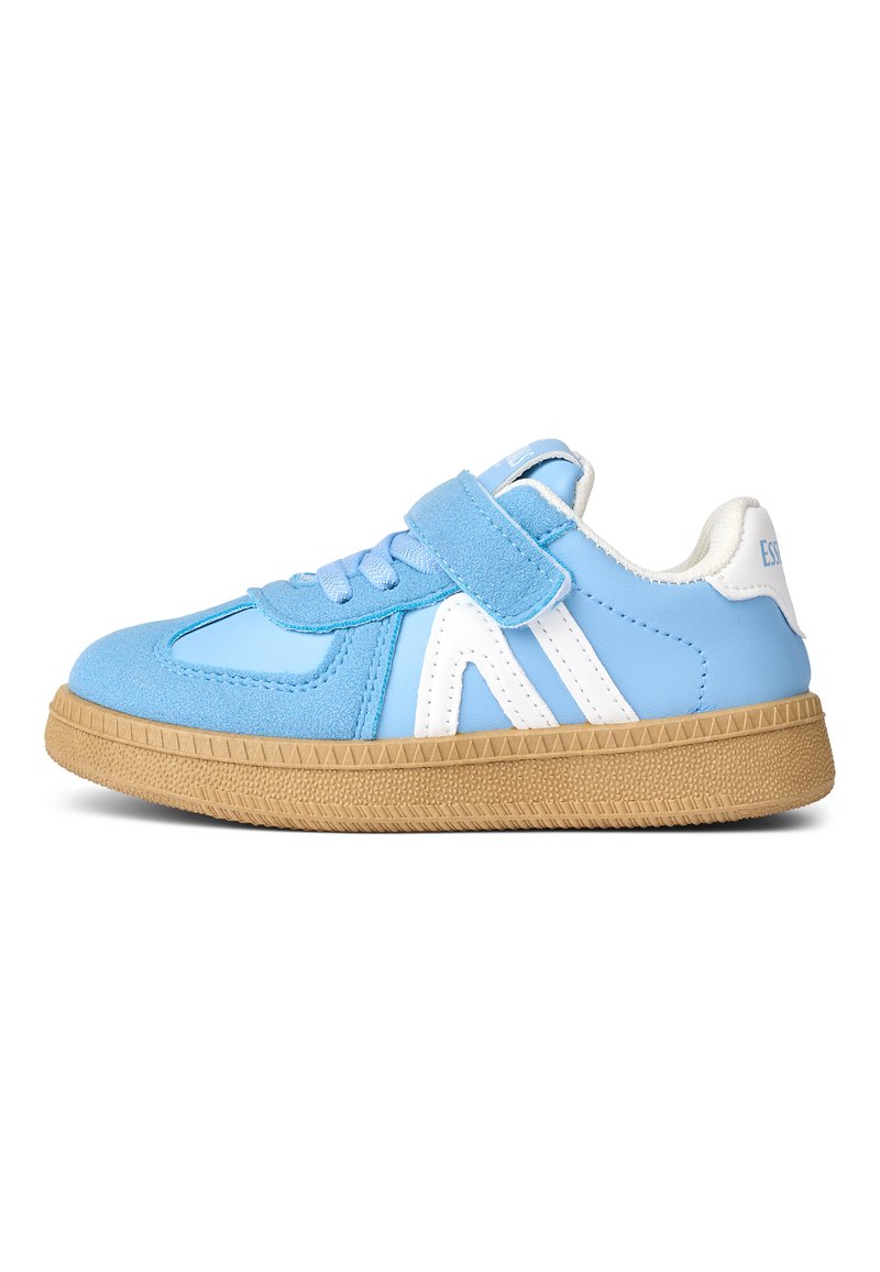 Light blue sneakers made of synthetic leather and suede, featuring white accents, a Velcro strap, and a textured gum sole.