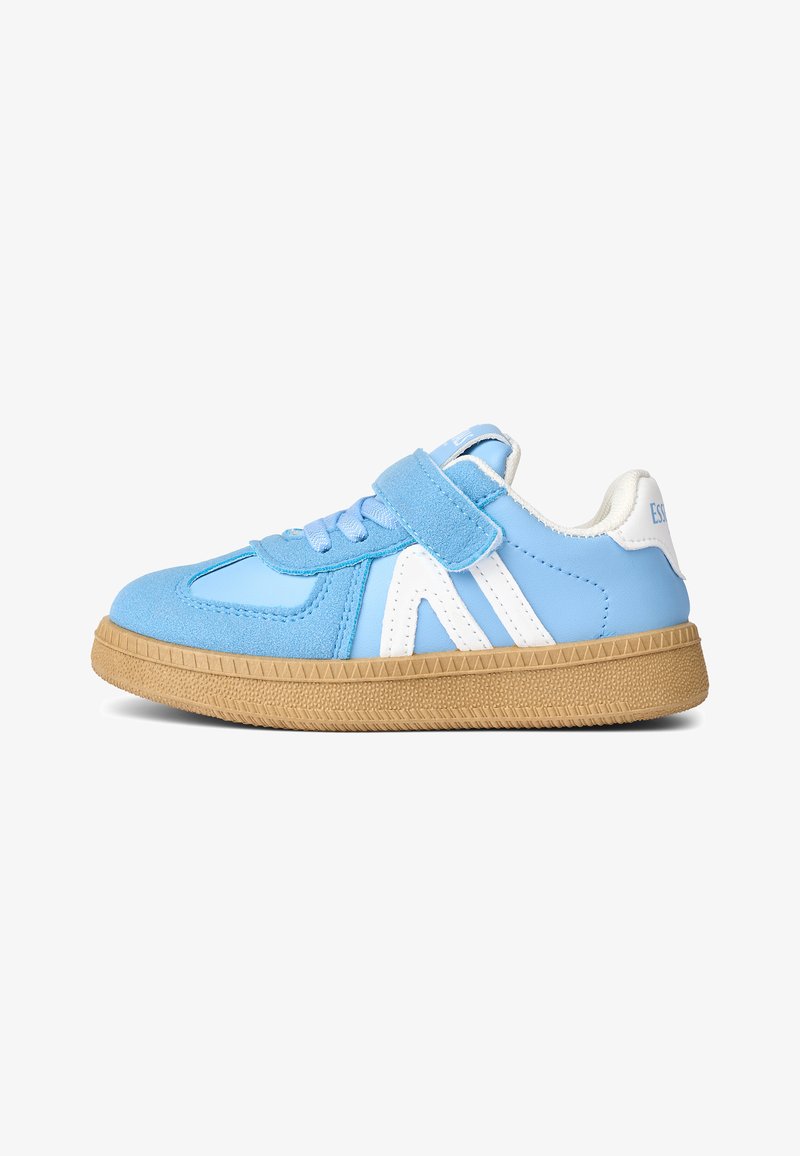 Light blue sneakers made of synthetic leather and suede, featuring white accents, a Velcro strap, and a textured gum sole.