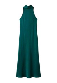 Vestido verde sin mangas con un escote alto. Confeccionado en una tela suave, presenta un corpiño ajustado, falda en forma de A y una silueta elegante.