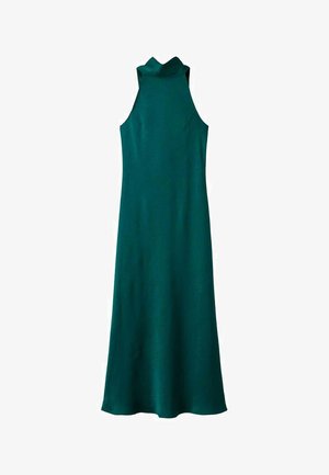 Abito verde senza maniche con un collo alto. Realizzato in tessuto morbido, presenta un corpino aderente, gonna a trapezio e silhouette elegante.