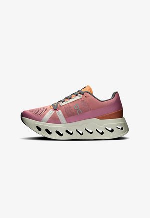 Lightweight running shoe with a pink and peach mesh upper, white accents, and a chunky gray rubber sole featuring cutouts for breathability.