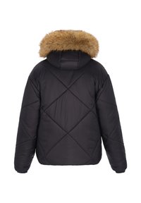 Svart puffjacka med ett quiltat mönster och en huva med pälsdetaljer. Baksidan har en avslappnad passform och något sänkta axlar.