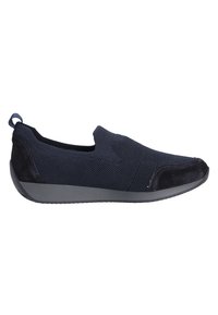 Marineblauwe instap schoenen met een gestructureerde gebreide bovenkant en suède accenten, voorzien van een zachte zool en een laag profiel voor comfort.