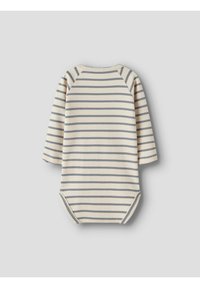Body bébé à manches longues rayé en beige et gris. Présente un col rond, des manches raglan et des boutons-pression en bas. Tissu doux.