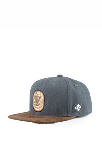 Gray fabric cap with a brown suede visor, featuring an embroidered logo patch on the front and a small logo on the side.