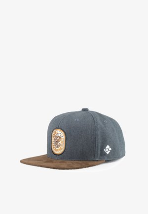 Gray fabric cap with a brown suede visor, featuring an embroidered logo patch on the front and a small logo on the side.