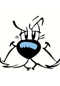 Cartoon character with a prominent white mustache, black outline, blue nose, and expressive eyes; features a bold, simplistic design.