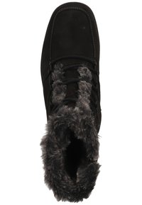Bottines noires en daim avec une doublure en fausse fourrure douce au niveau du col. Coutures contrastantes et laçage à l'avant pour un ajustement sécurisé.