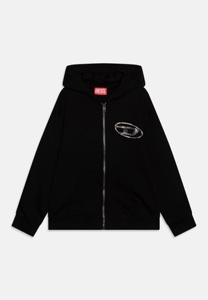 Felpa nera con zip, realizzata in cotone, con una tasca a marsupio anteriore. Presenta un cappuccio e un accento del logo riflettente Diesel sul petto.