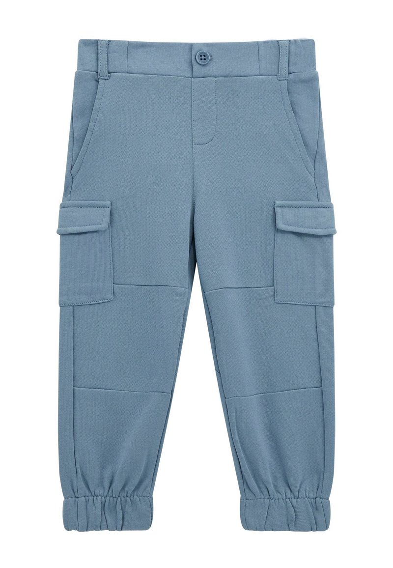 Pantaloni cargo de un albastru deschis, dintr-un material moale, cu manșete elastice, două buzunare laterale și două buzunare cargo pe coapse.