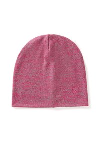 Roze gebreide muts met een subtiele gemêleerde textuur, afgeronde bovenkant en een klein reliëflogo aan de rechteronderkant. Zacht en flexibel materiaal.