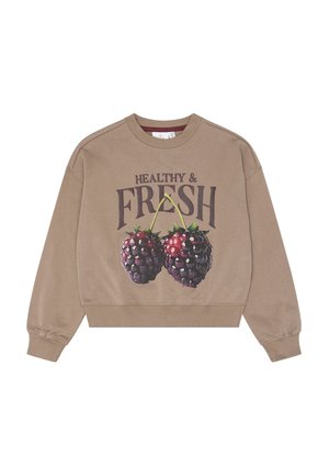 Beżowa bluza z napisem „Healthy & Fresh” i dwoma dużymi jeżynami nadrukowanymi z przodu, z długimi rękawami oraz ściągaczami na mankietach i u dołu.