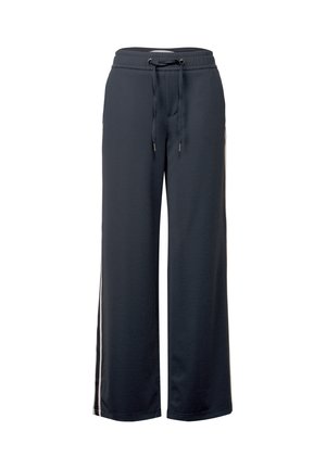 Dark navy wide-leg pants made of a soft fabric, featuring an adjustable drawstring waistband and contrasting side stripes.