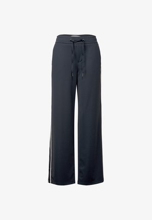 Pantalones de pierna ancha en un azul oscuro, hechos de una tela suave, con una cinturilla ajustable de cordón y rayas laterales en contraste.