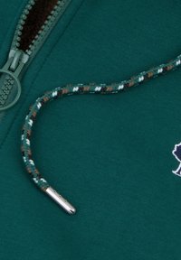Felpa verde con colletto con zip, con lacci intrecciati in tonalità marrone, bianco e verde, e punta metallica argentata.