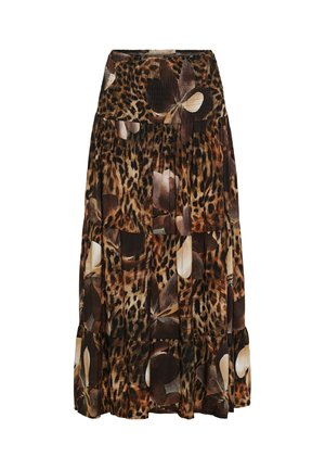 Lang nederdel med leopardprint og store abstrakte blomsterudtryk i brune, beige og sorte toner.