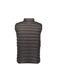 Gilet imbottito senza maniche trapuntato di colore grigio scuro con colletto alto, visto da dietro su sfondo bianco.