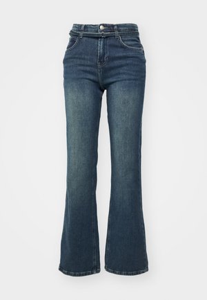 Dark blue flared jeans with a high-rise waist, crafted from denim. Features front pockets, button closure, and subtle fading on the thighs.