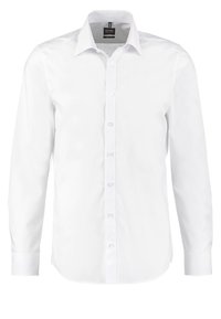 Chemise blanche à manches longues en coton lisse, dotée d'un col classique, d'une patte de boutonnage sur le devant et de poignets standards aux bords arrondis.