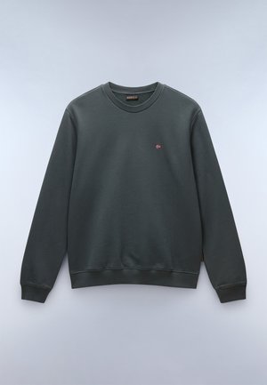 Felpa a girocollo verde scuro realizzata in tessuto morbido. Presenta polsini e orlo ribattuti, con un piccolo dettaglio del logo sul petto.