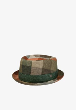 Plaid-patterned fedora hat with green, brown, orange, and beige tones, featuring a solid green band and a small round metal emblem.