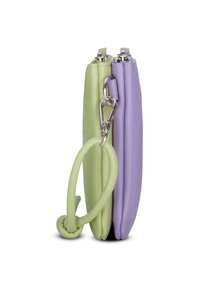 Two zippered pouches in pastel green and purple leather, featuring a textured finish and a circular handle attached by a metal clasp.