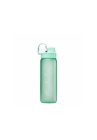 Transparent green water bottle with a textured finish, screw-on lid, and a clip attachment. Features a white brand logo on one side.
